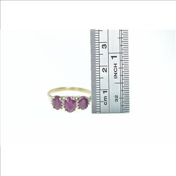 14K Three Stone Oval Ruby Vintage Diamond Yellow Gold Ring, Size 7.25