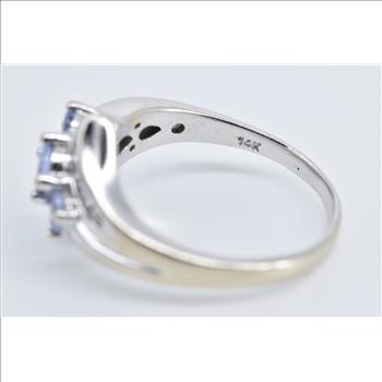 14K Three Stone Tanzanite Diamond Vintage Bypass White Gold Ring, Size 7.25