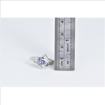 14K Three Stone Tanzanite Diamond Vintage Bypass White Gold Ring, Size 7.25