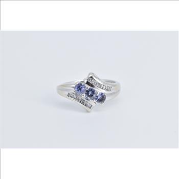 14K Three Stone Tanzanite Diamond Vintage Bypass White Gold Ring, Size 7.25