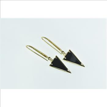 14K Triangle Black Onyx Diamond Vintage Dangle Yellow Gold Earrings