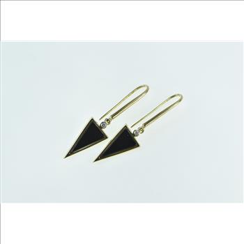14K Triangle Black Onyx Diamond Vintage Dangle Yellow Gold Earrings