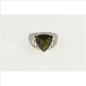 14K Trillion Green Stone Ornate Floral Cocktail White Gold Ring, Size 6