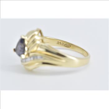 14K Trillion Iolite Baguette Diamond Freeform Yellow Gold Ring, Size 9