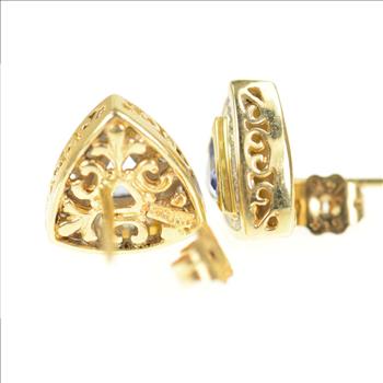 14K Trillion Tanzanite Diamond Halo Stud Yellow Gold Earrings