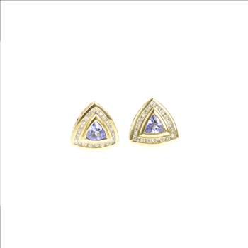 14K Trillion Tanzanite Diamond Halo Stud Yellow Gold Earrings