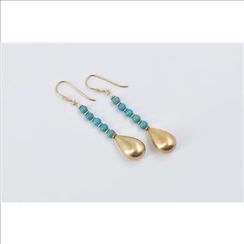 14K Turquoise Beaded Puffy Tear Drop Dangle Yellow Gold Earrings