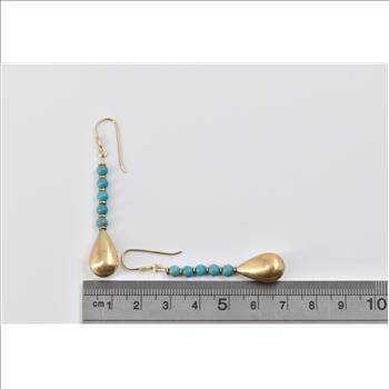 14K Turquoise Beaded Puffy Tear Drop Dangle Yellow Gold Earrings