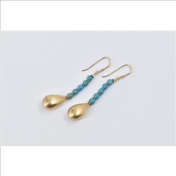 14K Turquoise Beaded Puffy Tear Drop Dangle Yellow Gold Earrings