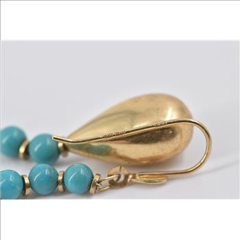14K Turquoise Beaded Puffy Tear Drop Dangle Yellow Gold Earrings