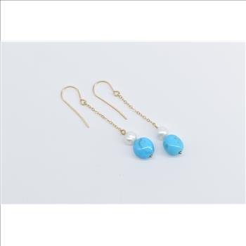 14K Turquoise Pearl Ornate Vintage Dangle Chain Yellow Gold Earrings