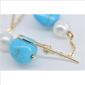 14K Turquoise Pearl Ornate Vintage Dangle Chain Yellow Gold Earrings