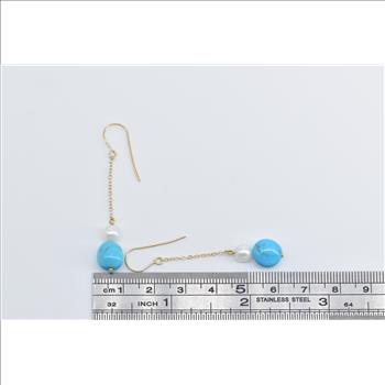 14K Turquoise Pearl Ornate Vintage Dangle Chain Yellow Gold Earrings