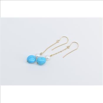 14K Turquoise Pearl Ornate Vintage Dangle Chain Yellow Gold Earrings