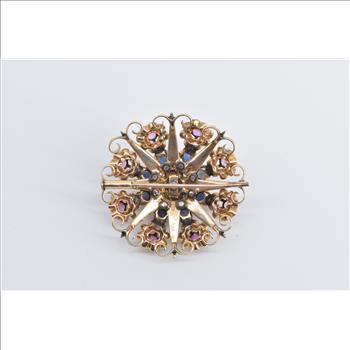 14K Turquoise Ruby Sapphire Ornate Domed Floral Yellow Gold Pendant/Pin