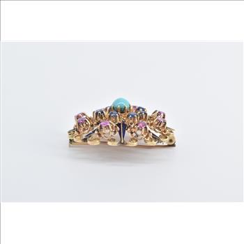 14K Turquoise Ruby Sapphire Ornate Domed Floral Yellow Gold Pendant/Pin