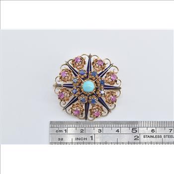 14K Turquoise Ruby Sapphire Ornate Domed Floral Yellow Gold Pendant/Pin