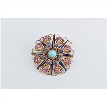 14K Turquoise Ruby Sapphire Ornate Domed Floral Yellow Gold Pendant/Pin