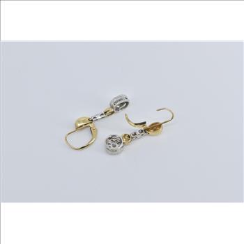 14K Two Tone Diamond Art Deco Dangle Halo Yellow Gold Earrings