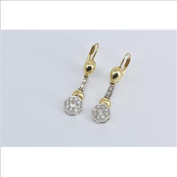 14K Two Tone Diamond Art Deco Dangle Halo Yellow Gold Earrings