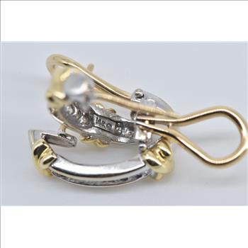 14K Two Tone Diamond French Clip Hoop White Gold Earrings