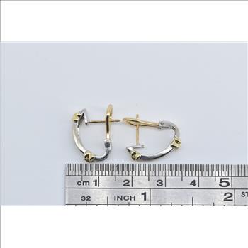 14K Two Tone Diamond French Clip Hoop White Gold Earrings