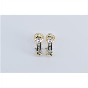 14K Two Tone Diamond French Clip Hoop White Gold Earrings