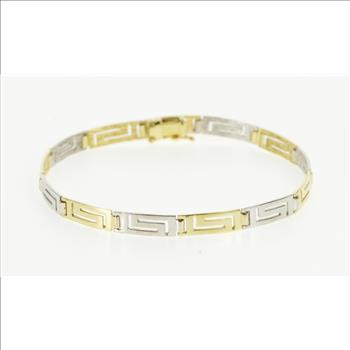14K Two Tone Greek Key Wave Pattern Link Yellow Gold Bracelet 7.25