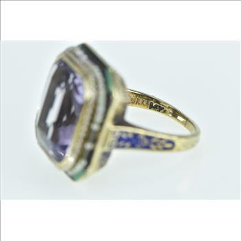 14K Victorian Amethyst Seed Pearl Enamel Statement Yellow Gold Ring, Size 5.5