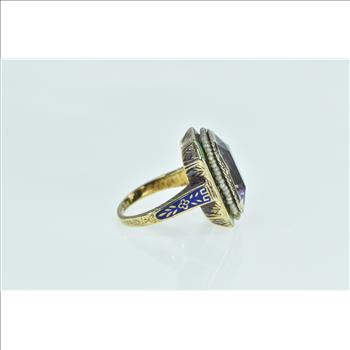 14K Victorian Amethyst Seed Pearl Enamel Statement Yellow Gold Ring, Size 5.5