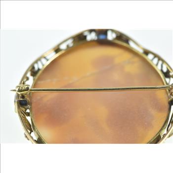 14K Victorian Angel Scene Cameo Sapphire Floral Yellow Gold Pendant/Pin