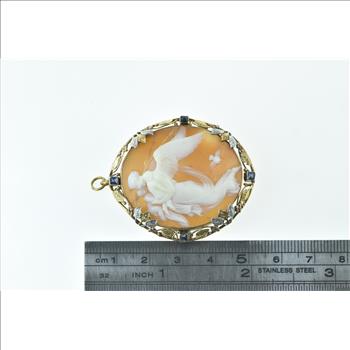 14K Victorian Angel Scene Cameo Sapphire Floral Yellow Gold Pendant/Pin