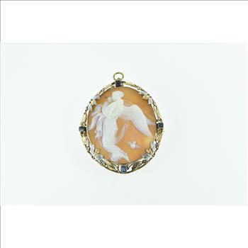 14K Victorian Angel Scene Cameo Sapphire Floral Yellow Gold Pendant/Pin