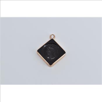 14K Victorian Black Onyx Carved Intaglio Square Yellow Gold Charm/Pendant