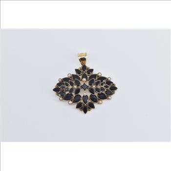 14K Victorian Black Onyx Seed Pearl Statement Yellow Gold Pendant
