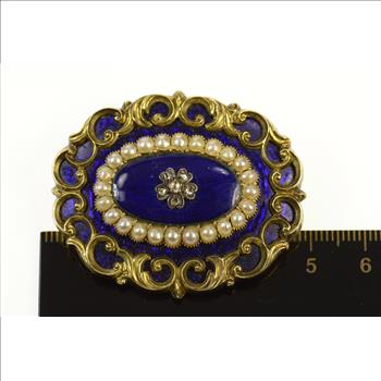 14K Victorian Blue Enamel Diamond Pearl Mourning Yellow Gold Pin/Brooch