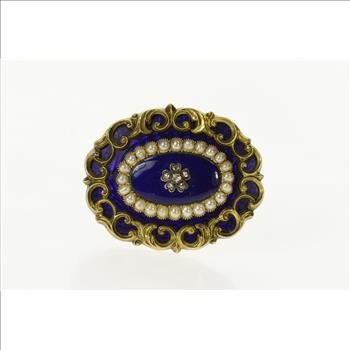 14K Victorian Blue Enamel Diamond Pearl Mourning Yellow Gold Pin/Brooch