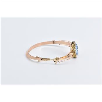 14K Victorian Blue Topaz Seed Pearl Bangle Yellow Gold Bracelet 7