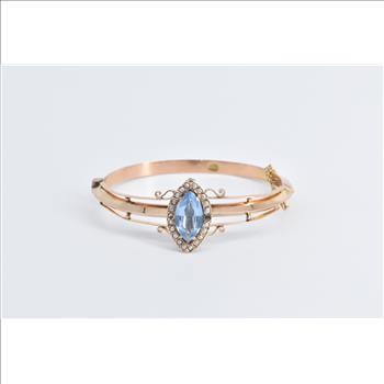 14K Victorian Blue Topaz Seed Pearl Bangle Yellow Gold Bracelet 7