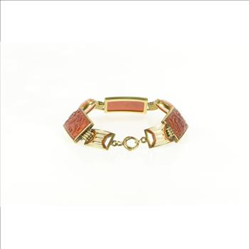14K Victorian Carnelian Cameo Floral Enamel Yellow Gold Bracelet 7.25