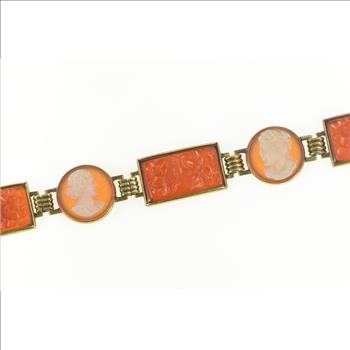 14K Victorian Carnelian Cameo Floral Enamel Yellow Gold Bracelet 7.25