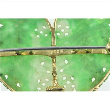 14K Victorian Carved Jade Floral Swirl Statement Yellow Gold Pendant/Pin