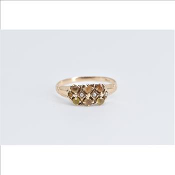 14K Victorian Citrine Seed Pearl Squared Band Yellow Gold Ring, Size 7