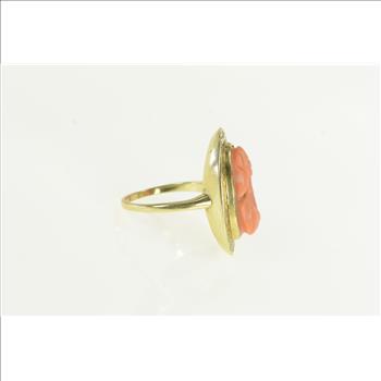14K Victorian Coral Carved Cameo Engraved Oval Yellow Gold Ring, Size 7