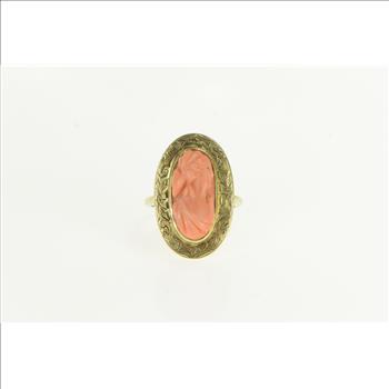 14K Victorian Coral Carved Cameo Engraved Oval Yellow Gold Ring, Size 7