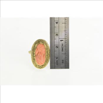14K Victorian Coral Carved Cameo Engraved Oval Yellow Gold Ring, Size 7