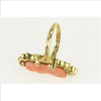 14K Victorian Coral Diamond Accent Ornate Yellow Gold Ring, Size 7