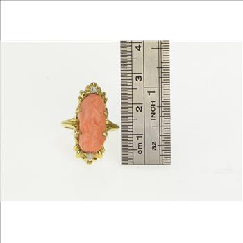 14K Victorian Coral Diamond Accent Ornate Yellow Gold Ring, Size 7