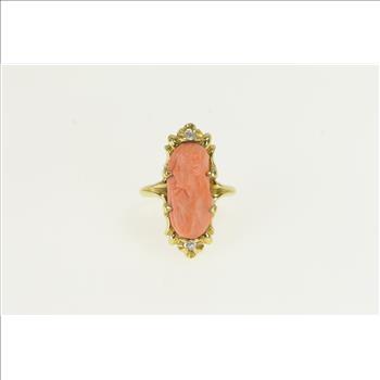 14K Victorian Coral Diamond Accent Ornate Yellow Gold Ring, Size 7