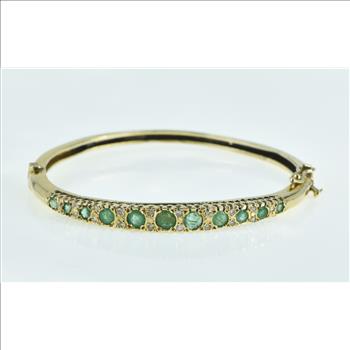 14K Victorian Diamond Emerald Graduated Bangle Yellow Gold Bracelet 6.25